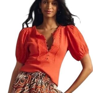 Pilcro Orange Puff Sleeve Ruffled Blouse size small